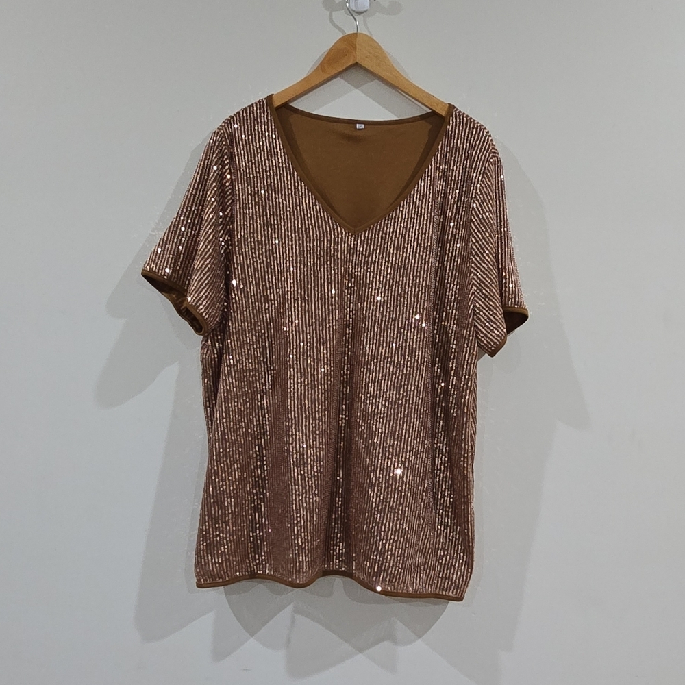 Glitter Womens Blouse 3XL Plus Size  Brown Gold Sequin MeshV-Neck Short Sleeve